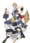  alice_margatroid apron black_legwear blonde_hair book bow broom broom_riding capelet floating hair_bow hat holding holding_book kajiki kirisame_marisa loafers long_hair multiple_girls shanghai_doll shoes short_hair skirt skirt_set touhou very_long_hair waist_apron witch_hat 