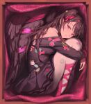  1girl absurdres animal_sticker ballerina ballet_dress ballet_slippers bangsom bare_shoulders black_dress black_hair black_jacket black_wings blush bow box brown_hair character_sticker closed_mouth commentary decora dress expressionless feathered_wings hair_bow heart_sticker highres hugging_own_legs in_box in_container jacket kirby kirby_(series) long_hair looking_at_viewer looking_to_the_side maya_(bangsom) mole mole_under_eye off_shoulder original pantyhose pink_bow purple_eyes smile solo star_sticker sticker sticker_on_clothes sticker_on_face sticker_on_leg two_side_up wavy_hair white_pantyhose wing_sticker wings 