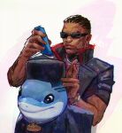  1boy artist_name blade_(marvel) blade_(series) choso_giving_toudou_a_haircut_(meme) coat dark-skinned_male dark_skin high_top_fade highres jeff_the_land_shark marvel marvel_rivals meme neo_jpeg shark_boy signature sunglasses tall_hair trench_coat vampire 