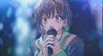  1girl bang_dream! bang_dream!_it&#039;s_mygo!!!!! blue_hoodie brown_eyes commentary_request crying crying_with_eyes_open grey_hair highres holding holding_microphone hood hood_down hoodie korean_commentary long_sleeves microphone open_mouth sanya_(hwanmul) short_hair solo takamatsu_tomori tears 