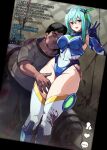  1boy 1girl aqua_hair blood blood_on_clothes blood_splatter blue_eyes blue_gloves blush boots breasts calpish elbow_gloves elekshaal_(calpish) fat fat_man gloves hand_on_another&#039;s_thigh headgear hetero large_breasts leotard looking_at_viewer magical_girl open_mouth original pants short_hair short_hair_with_long_locks smile thighhighs thighs v white_leotard yandere 