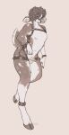 anthro balls bell bell_harness clothed clothing curly_hair deer ear_piercing erection full-length_portrait genitals hair harness hi_res humanoid_genitalia humanoid_penis industrial_piercing looking_at_viewer male mammal monochrome narrowed_eyes navel nipples penis piercing portrait seraphictiger simple_background solo standing