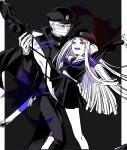  1boy 1girl arm_up atyakodayo1 bags_under_eyes bandaged_head bandages black_background black_cape black_jacket boots cape colored_tongue combat_boots covered_face dancing fish fish_(symbol) gakuran gakuseibou geminism gloves goldfish hair_ribbon half-closed_eyes hat highres hirosoma_kikyou holding_another&#039;s_leg jacket leg_up long_hair long_sleeves looking_at_another midriff_peek neckerchief one_eye_covered open_mouth outside_border pants peaked_cap pillarboxed purple_eyes purple_neckerchief purple_ribbon purple_tongue ribbon school_uniform serafuku sharp_teeth skirt smile standing swept_bangs teeth twitter_username two_side_up white_gloves yamaga_awasumi 