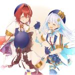  3girls ^_^ ange_katrina animal_ears animal_hair_ornament ayuko_ammobium beret blue_gloves blue_hair blue_hat blue_ribbon blue_shorts blue_skirt blue_thighhighs braid breasts brown_hair closed_eyes colored_inner_hair colored_lapels commentary_request crown_hat_ornament dog_ears dot_nose floating_hair frilled_skirt frills glove_bow gloves gradient_background grin hair_between_eyes hair_intakes hair_ornament hair_ribbon half_gloves hat hat_ribbon highres holding_hands idol_clothes interlocked_fingers inui_toko jacket legwear_garter light_blush lize_helesta long_bangs long_hair long_sidelocks low_twin_braids medium_hair miniskirt multicolored_hair multiple_girls nijisanji open_clothes open_jacket open_mouth purple_ribbon radial_gradient_background red_hair red_ribbon ribbon sanbaka_(nijisanji) sanbaka_anniversary_outfit short_sleeves shorts sidelocks single_hair_intake single_sidelock single_wrist_cuff skirt small_breasts smile streaked_hair thighhighs twin_braids two-tone_hair virtual_youtuber white_background white_hair white_jacket white_wrist_cuffs wrist_cuffs wrist_ribbon yellow_background zettai_ryouiki 