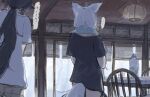 ... 2girls absurdres animal_ears black_hair black_shirt bottomless chair commentary_request facing_away feet_out_of_frame fox_ears fox_girl fox_tail from_behind glass glass_door highres hololive indoors long_hair looking_outside milk_carton multiple_girls oozora_subaru ponytail rain shirakami_fubuki shirt shorts sliding_doors soutanookiba speech_bubble spoken_ellipsis standing t-shirt table tail towel towel_around_neck translation_request tree white_hair white_shirt window wooden_ceiling 