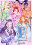  5girls ahoge alternate_costume aqua_eyes arm_on_knee arm_ribbon armor asian bad_id bad_twitter_id black_hair blonde_hair bloomix blue_bodysuit blue_eyes blue_gemstone blue_nails blue_wings blunt_ends bob_cut bodysuit border bored bracelet bracer braid breasts chocofish circlet cleavage closed_mouth clothing_cutout collarbone colorful_background commentary cornelia_hale dark-skinned_female dark_skin double_bun english_commentary eyelashes eyeshadow fairy fairy_wings feet_out_of_frame fire forehead_jewel frilled_bodysuit frown gem glasses gold_bracelet green_bodysuit green_wings grin hair_bun halftone halftone_background hand_in_own_hair hand_on_own_neck hands_on_own_cheeks hands_on_own_face hay_lin high_ponytail highres instagram_username irma_lair jewelry knee_up light_blush light_particles lipstick long_hair long_sleeves looking_at_viewer magical_girl makeup multicolored_hair multiple_bracelets multiple_girls nail_polish one_eye_closed orange_bodysuit orange_hair orange_nails orange_wings outside_border parody parted_lips pauldrons pink_bodysuit pink_border pink_eyeshadow pink_lips pink_scrunchie ponytail purple_bodysuit purple_gemstone purple_hair purple_ribbon purple_wings pyrokinesis red_eyes red_hair ribbon round_eyewear scrunchie short_hair short_sleeves shoulder_armor shoulder_cutout sidelocks single_bare_shoulder single_pauldron sitting smile streaked_hair style_parody taranee_cook transparent_wings twin_braids twitter_username w.i.t.c.h. watermark will_vandom wings winx_club wrist_scrunchie yellow-framed_eyewear 