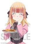  1girl ^_^ absurdres anime_coloring blonde_hair blush bow bowtie brown_ribbon closed_eyes closed_mouth cookie copyright_name corset dress eating food hair_ribbon hand_on_own_cheek hand_on_own_face happy highres holding holding_plate long_hair long_sleeves lycia_plaid pink_dress plate purple_corset ribbon sample_watermark simple_background smile solo standing straight-on sweets tensei_kizoku_kantei_skill_de_nariagaru upper_body watermark white_background yahiro_yuuko 
