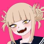  1girl blonde_hair blunt_bangs blush boku_no_hero_academia cardigan double_bun fangs hair_bun highres long_sleeves looking_at_viewer looking_down messy_hair narrowed_eyes open_mouth pink_background sailor_collar school_uniform serafuku short_hair sidelocks smile solo teeth toga_himiko u.a._school_uniform user_rvtu2774 yellow_cardigan yellow_eyes 