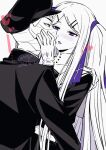  1boy 1girl after_kiss atyakodayo1 bandaged_head bandages black_hat black_jacket blush face-to-face gakuran gakuseibou geminism gloves hair_ribbon hand_on_another&#039;s_cheek hand_on_another&#039;s_face hand_on_another&#039;s_shoulder hat hirosoma_kikyou jacket long_hair long_sleeves open_mouth purple_eyes purple_ribbon ribbon saliva saliva_trail school_uniform simple_background swept_bangs tongue tongue_out two_side_up upper_body white_background white_hair yamaga_awasumi 