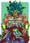  1boy abs aura broly_(dragon_ball_z) clenched_hands cowboy_shot dragon_ball dragon_ball_z glowing glowing_eyes green_background green_hair highres male_focus muscular muscular_male simple_background solo stktik09060906 tiara topless_male watermark yellow_eyes 