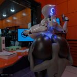 1:1 3d_(artwork) absurd_res android animatronic anon anthro ass_up between_buttocks between_thighs big_breasts big_butt black_body black_legs blender_(artwork) breasts butt clothed clothing curvy_figure cybernetic_arm cybernetic_limb cybernetics cyborg dark_body dark_legs dark_skin digital_media_(artwork) duo faceless_character faceless_human faceless_male featureless_breasts female female_on_human furniture glistening glistening_body group hand_on_butt haydee haydee_(game) hi_res holding_object hug huge_breasts huge_butt huge_filesize huge_thighs hugging_another hugging_butt hugging_from_behind human humanoid interspecies looking_back machine male male/female mammal mantis_arms n00b-body not_furry nuzzling overweight robot robot_anthro robot_humanoid size_difference slasher_(haydee) smaller_male surprised_expression thick_thighs trio watermark weapon wide_hips widescreen