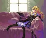  artist_request blonde_hair boots couch grimgrimoire hat lillet_blan pantyhose purple_eyes solo wizard_hat 