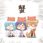  1boy 2girls :d animal animal_ears animal_on_head black-framed_eyewear black_shirt blue_hair blue_pants blue_skirt blush_stickers brown_eyes brown_hair chibi collared_shirt crab diagonal-striped_clothes diagonal-striped_necktie emphasis_lines fushimi_gaku fushimi_gaku_(2nd_costume) glasses hawaiian_shirt kemonomimi_mode long_hair low_ponytail moira_(nijisanji) mole mole_under_mouth multiple_girls necktie nijisanji on_head open_clothes open_shirt pants pleated_skirt ponytail purple_hair rebecca_(keinelove) red-framed_eyewear red_shirt school_uniform seiza semi-rimless_eyewear shirt shizuka_rin shizuka_rin_(3rd_costume) short_sleeves simple_background sitting skirt smile striped_clothes tail translation_request under-rim_eyewear virtual_youtuber white_background white_shirt 