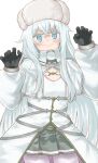  1girl az_toride black_gloves blue_eyes cleavage_cutout clothing_cutout commentary_request cosplay curled_fingers dress flat_chest fur_hat gloves grey_skirt hat hibiki_(kancolle) highres kantai_collection kirov_(kancolle) kirov_(kancolle)_(cosplay) long_hair pantyhose papakha pleated_skirt skirt solo v-shaped_eyebrows white_dress white_hair white_hat white_overskirt white_pantyhose 