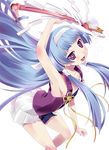  armpits bangs blue_hair blunt_bangs hair_tubes hairband imu_sanjo kannagi long_hair nagi purple_eyes solo wand 