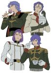  4boys ascot basic_learning belt black_belt black_cape black_eyes brown_eyes cape coat cup elbow_gloves epaulettes flower garma_zabi gloves green_gloves green_jacket grey_belt grin gundam gundam_zz hand_up high_collar highres holding holding_cup holding_flower holding_vase jacket long_sleeves looking_at_viewer looking_to_the_side m&#039;quve male_focus mashymre_cello military_uniform mobile_suit_gundam multiple_boys paptimus_scirocco parted_lips pink_flower pink_rose purple_eyes purple_hair red_ascot red_cape rose short_hair sideways_glance simple_background smile teacup twirling_hair two-sided_cape two-sided_fabric upper_body vase white_background white_belt white_coat zeta_gundam 