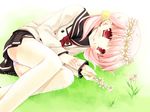  grass head_wreath highres jpeg_artifacts kiriyama_sakura light_smile lying miyasu_risa on_side panties pink_hair purple_panties red_eyes sakura_musubi school_uniform solo thighhighs underwear wallpaper 