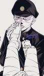 1boy 1girl atyakodayo1 bandaged_head bandaged_leg bandages black_eyes black_hat black_jacket commentary_request covered_face gakuran gakuseibou geminism gloves hat hirosoma_kikyou holding_another&#039;s_foot jacket licking licking_foot long_sleeves looking_at_viewer one_eye_covered open_mouth peaked_cap pov pov_legs saliva saliva_on_feet school_uniform simple_background tongue tongue_out yamaga_awasumi 