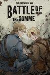  2boys axis_powers_hetalia back belt blonde_hair blood blood_in_hair blood_on_face blue_eyes blue_jacket blue_pants book brown_belt brown_jacket brown_pants cubed_(houkuaid) day english_text facial_hair france_(hetalia) green_eyes highres holding holding_book injury jacket long_sleeves looking_at_another low_ponytail male_focus military_jacket military_uniform multiple_boys open_book open_mouth outdoors pants pocket ponytail short_hair short_ponytail sitting sky smoke trench united_kingdom_(hetalia) white_sky 