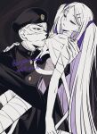  1boy 1girl atyakodayo1 bandaged_chest bandaged_head bandaged_leg bandages breasts covered_face drooling gakuran gakuseibou geminism hair_ribbon half-closed_eyes hand_on_another&#039;s_shoulder hat highres hirosoma_kikyou hug licking licking_breast long_hair looking_at_another purple_eyes purple_ribbon ribbon school_uniform see-through_body simple_background small_breasts swept_bangs twitter_username two_side_up very_long_hair yamaga_awasumi 