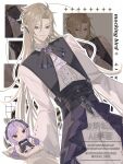  1boy ascot blonde_hair bow bowtie center_frills character_doll cosplay doll frills gem heterochromia highres hugo_vlad long_hair mole mole_under_eye pointy_ears purple_ascot purple_bow purple_bowtie purple_gemstone purple_hair shrug_(clothing) smile tokooo_bushi vivian_banshee vivian_banshee_(cosplay) white_shrug zenless_zone_zero 
