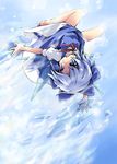  barefoot blue_eyes blue_hair cirno dress fairy flying ham_(points) ice icicle ribbon sky solo touhou upside-down 