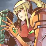  armor artist_request blonde_hair blue_eyes metroid ponytail power_armor samus_aran solo varia_suit 