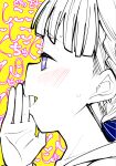  1girl arm_up aroused asmr blush braid close-up from_side half-closed_eyes hasu_no_sora_school_uniform heart heart-shaped_pupils kachimachi_kosuzu link!_like!_love_live! long_hair love_live! partially_colored purple_eyes school_uniform sexually_suggestive solo sweat symbol-shaped_pupils whispering yellow_background yukiri_takashi 