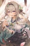  1girl absurdres black_bow black_hairband black_sailor_collar blue_eyes blue_pupils blush bow bowtie breasts buttons classroom commentary cowboy_shot curtains double-breasted dvdarts english_commentary envelope firefly_(honkai:_star_rail) firefly_(spring_missive)_(honkai:_star_rail) gradient_hair green_bow green_bowtie green_hair grey_hair grey_skirt hair_between_eyes hair_bow hair_intakes hairband highres holding holding_envelope honkai:_star_rail honkai_(series) indoors large_breasts long_hair long_sleeves looking_at_viewer multicolored_eyes multicolored_hair official_alternate_costume open_mouth pink_petals plaid_clothes plaid_skirt sailor_collar school_uniform serafuku shirt skirt smile solo teeth twitter_username upper_teeth_only very_long_hair white_shirt wind 