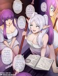  2girls bare_shoulders book breasts collarbone earrings elf fern_(sousou_no_frieren) frieren jewelry large_breasts multiple_girls neocoill pointy_ears purple_eyes purple_hair shirt sitting sousou_no_frieren talking white_hair 