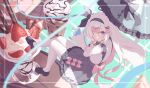  1girl absurdres alternate_costume black_eyes black_shoes black_skirt blue_archive blush bow bow_skirt closed_mouth colored_inner_hair frilled_skirt frilled_umbrella frills grey_hair hair_bow halo highres holding holding_umbrella klaius looking_at_viewer multicolored_hair pantyhose pink_bow pink_hair plana_(blue_archive) pleated_skirt shirt shoes skirt solo umbrella white_pantyhose white_shirt 