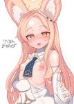  1girl animal_ear_fluff animal_ears blonde_hair blue_archive blush breasts cross_halo detached_collar detached_sleeves ear_wreath extra_ears flower_wreath forehead fox_ears fox_girl gradient_eyes halo long_hair long_sleeves looking_at_viewer makabe_gorou multicolored_eyes necktie nipples open_mouth seia_(blue_archive) simple_background sleeve_bow sleeves_past_fingers sleeves_past_wrists small_breasts solo sweat sweatdrop very_long_hair white_background yellow_eyes yellow_halo 