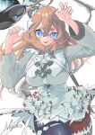  1girl absurdres ahoge artist_name black_thighhighs blue_eyes blush breasts brown_hair center-flap_bangs commentary_request curly_hair double-parted_bangs frilled_shirt frills ghost_pose hair_between_eyes hair_ornament highres large_breasts little_miss_bonemancer_(shadowverse) long_hair long_sleeves looking_at_viewer mismatched_thighhighs negidesu1105 red_thighhighs shadowverse shadowverse:_worlds_beyond shirt simple_background sketch solo standing thick_eyebrows thighhighs tongue tongue_out white_background white_shirt 