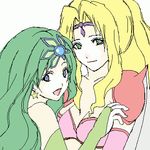  blonde_hair blue_eyes bridal_gauntlets final_fantasy final_fantasy_iv green_eyes green_hair lowres multiple_girls oekaki older pontaouka rosa_farrell rydia work_in_progress 