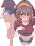 1girl barefoot black_hair black_panties blue_shorts blush breasts brown_eyes closed_mouth collarbone cropped_legs cropped_shirt feet from_above from_below hair_ribbon hand_on_own_chest hand_on_own_hip highres looking_at_viewer medium_breasts medium_hair multiple_views navel orange_ribbon paid_reward_available panties panty_peek rai_iceblast red_shirt ribbon shirt short_sleeves shorts simple_background soles string_panties suzumiya_haruhi suzumiya_haruhi_no_yuuutsu t-shirt thighs toes underwear white_background 