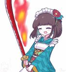  2girls :d ^_^ apron blunt_bangs blush brown_hair chibikki closed_eyes commentary doodle_inset facing_viewer fire flaming_weapon flower frilled_apron frills hair_flower hair_ornament holding holding_sword holding_weapon iroha_(rune_factory) japanese_clothes katana kimono long_sleeves maid maid_headdress matsuri_(rune_factory) multiple_girls open_mouth red_flower rune_factory rune_factory:_guardians_of_azuma short_hair simple_background smile solo_focus sword translation_request wa_maid weapon white_apron wide_sleeves 