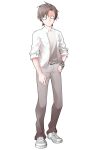  1boy :&lt; arm_at_side blazer brown_hair cevio checkered_bracelet closed_mouth collared_shirt commentary_request converse dairi full_body furrowed_brow grey_pants grey_shoes hand_on_own_hip highres jacket large_variant_set looking_at_viewer male_focus o_o pants shirt shoes short_hair sleeves_rolled_up sneakers solo standing tachi-e takahashi_amato transparent_background variant_set white_jacket white_shirt wing_collar 