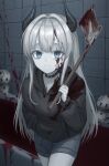  1girl absurdres axe bath bath_of_blood bathtub black_choker black_hoodie black_horns blood blood_on_axe blood_on_clothes blood_on_face blood_on_wall blood_on_weapon blood_splatter blue_eyes blue_shorts choker closed_mouth commentary_request cowboy_shot crazy demon_horns grey_hair hand_in_pocket highres holding holding_axe holding_weapon hood hood_down hoodie horns kkamkkam light_smile long_hair long_sleeves looking_at_viewer original pale_skin ringed_eyes shorts solo stuffed_toy tile_wall tiles very_long_hair weapon 