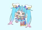  1girl absurdly_long_hair ahoge asymmetrical_bangs blue_background blue_boots blue_brooch blue_cape blue_choker blue_corset blue_eyes blue_hair blue_pantyhose blue_skirt blunt_bangs boots bow bow_skirt brooch buttons cape chibi choker closed_mouth colored_tips corset cure_sky dot_nose eyelashes frilled_gloves frilled_shirt frilled_skirt frills fringe_trim gloves hair_ornament happy heart heart_brooch hirogaru_sky!_precure ichigo_usuhana jewelry kneehighs layered_legwear light_blush long_hair looking_at_viewer magical_girl miniskirt multicolored_hair outstretched_arms pantyhose pink_bow pink_hair precure red_cape shirt side_cape simple_background skirt smile socks solo sora_harewataru streaked_hair striped_clothes striped_skirt tareme two-sided_cape two-sided_fabric two-tone_hair vertical-striped_clothes vertical-striped_skirt very_long_hair white_gloves white_shirt white_socks wing_hair_ornament 