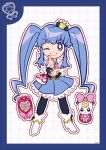  1girl back_bow black_thighhighs black_vest blue_border blue_bow blue_eyes blue_hair blue_skirt blue_wrist_cuffs boots border bow cellphone crown cure_princess deformed dot_nose dotted_line feather_sleeves finger_gun flip_phone footwear_bow frilled_skirt frilled_wrist_cuffs frills full_body gold_crown grid_background grin hair_bow happinesscharge_precure! happy high_heel_boots high_heels highres legs_apart light_blush long_hair looking_at_viewer magical_girl mini_crown miniskirt one_eye_closed outline own_hands_together phone pleated_skirt precure ribbon_(happinesscharge_precure!) shirayuki_hime short_sleeves sidelocks signature skirt smile standing straight-on tareme thighhighs twintails uwded_207 very_long_hair vest wavy_hair white_background white_bag white_boots white_bow white_outline white_sleeves wrist_cuffs 