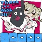  &gt;_&lt; 1girl akutagawa_yomuko alien animal_ears artist_request black_eyes black_tail blonde_hair blush_stickers book border closed_eyes commentary commentary_request double-parted_bangs english_text eyes_over_blush fangs gogh:_focus_with_your_avatar heart heart_print highres holding holding_book hood hood_down hooded_jacket jacket kuroda_42 long_hair long_tail looking_at_viewer lower_teeth_only milestone_celebration official_art open_book open_mouth print_shirt rabbit_ears red_background second-party_source shirt simple_background sweatdrop tail teeth thank_you towel towel_on_head twintails unzipped upper_teeth_only white_border white_hood white_jacket white_shirt white_sleeves 