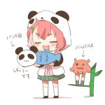  1girl :d =_= animal_ears animal_hood arrow_(symbol) bamboo black_shoes blush_stickers chibi closed_eyes fake_animal_ears fang full_body green_skirt hair_ornament hairclip hood hood_up hooded_jacket jacket lowres multicolored_hair nijisanji open_clothes open_jacket panda_ears panda_hood pink_hair pink_shirt pleated_skirt rebecca_(keinelove) sasaki_saku sasaki_saku_(1st_costume) shirt shoes short_eyebrows simple_background skirt smile socks standing streaked_hair thick_eyebrows translation_request virtual_youtuber white_background white_jacket white_socks 