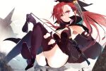  1girl black_leotard boots breasts cloak dominatrix elbow_gloves gloves high_heel_boots high_heels highres holding holding_whip leotard long_hair medium_breasts ponytail purple_eyes rance_(series) red_hair satella_(rance) solo thigh_boots tsutsugano 