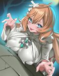  1girl ahoge blue_eyes breasts brick_floor brown_hair center-flap_bangs cleavage commentary_request double-parted_bangs frilled_shirt frills ghost_pose hair_between_eyes hair_ornament highres hz_(666v) large_breasts little_miss_bonemancer_(shadowverse) long_hair long_sleeves looking_at_viewer lying moon on_floor on_stomach shadowverse shadowverse:_worlds_beyond shirt sketch solo thick_eyebrows tongue tongue_out upper_body white_shirt 
