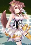  1girl absurdres animal_ears blush bone_hair_ornament braid brown_eyes brown_hair dog_ears dog_girl dog_tail fang gloves hair_ornament hajime_yo highres hololive inugami_korone looking_at_viewer open_mouth orange_ribbon ribbon single_thighhigh skin_fang solo tail thighhighs twin_braids virtual_youtuber white_gloves 