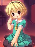  :d akiba_hideki bangs black_legwear blonde_hair blush chair child dress eyebrows_visible_through_hair fang finger_to_cheek green_dress hairband higurashi_no_naku_koro_ni houjou_satoko indoors light_particles looking_at_viewer necktie no_shoes non-web_source on_floor open_mouth pantyhose puffy_short_sleeves puffy_sleeves red_eyes sailor_dress short_hair short_sleeves sitting smile solo sparkle tile_floor tiles wariza window yellow_neckwear 