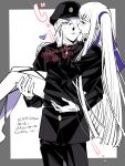  1boy 1girl atyakodayo1 bandaged_head bandages black_jacket black_pants black_serafuku black_shirt black_skirt blush border carrying closed_mouth covered_face cowboy_shot gakuran gakuseibou geminism gloves grey_border hair_ribbon half-closed_eye hand_on_another&#039;s_cheek hand_on_another&#039;s_face hat heart highres hirosoma_kikyou jacket long_hair long_sleeves looking_at_another one_eye_covered open_mouth outside_border pants princess_carry purple_ribbon ribbon school_uniform serafuku shirt simple_background skirt smile staring translation_request two_side_up very_long_hair white_background white_gloves white_hair yamaga_awasumi 