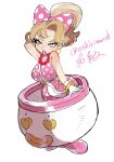  1girl absurdres arm_behind_head arm_up bag bead_necklace beads blonde_hair blue_eyes blush_(makeup) bow bracelet breasts dancho_no_mori dress earrings freckles full_body gloves gold_bracelet gold_earrings hair_bow half-closed_eyes handbag high_ponytail highres hoop_earrings humanization jewelry koopa_clown_car large_breasts lipstick makeup mario_(series) necklace parted_lips pink_bow pink_dress pink_lips polka_dot polka_dot_bow polka_dot_dress ponytail sleeveless sleeveless_dress solo spiked_bag spikes super_smash_bros. thick_lips wendy_o._koopa white_background white_gloves 