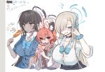  3girls ahoge ao_(mintz) aqua_bow aqua_bowtie aqua_cardigan asuna_(blue_archive) asuna_(school_uniform)_(blue_archive) black_choker black_halo blue_archive blue_bow blue_bowtie blue_cardigan blue_halo blue_nails blue_scrunchie blush bow bowtie bracelet braid breasts button_gap cardigan choker corn_dog dark-skinned_female dark_skin floral_print_shirt food hair_over_one_eye halo highres huge_ahoge jewelry karin_(blue_archive) karin_(school_uniform)_(blue_archive) large_breasts long_hair multiple_girls neru_(blue_archive) neru_(school_uniform)_(blue_archive) school_uniform scrunchie side_braid sleeves_rolled_up smile unfinished wrist_scrunchie yellow_eyes 