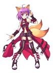  ahoge animal_ears artist_request belt boots breasts cleavage fox_(trickster) fox_ears fox_tail glasses knife midriff purple_eyes purple_hair shorts small_breasts solo tail thighhighs trickster 